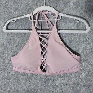 Victoria Secret Pink Swim Top M Lace Up Cage Halter Open Back Lavender Plunge